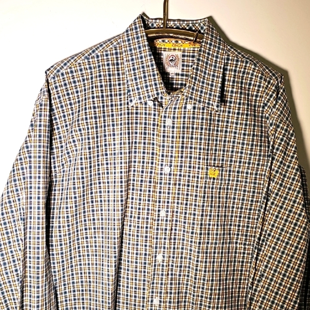 Cinch Long Sleeve XL Men's Blue Green Yellow Plaid Shirt.